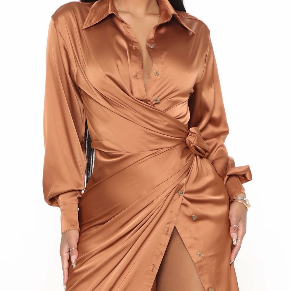 Gabriella Satin Maxi Shirt Dress - Copper- L size